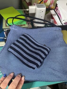 The Sak Light Blue Knit Shoulder Bag with Navy Striped Pouch